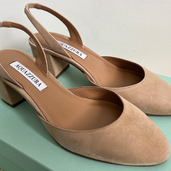 Aquazzura Talita Beige New Nude Suede Block Heel Slingback Pumps - Picture 2 of 14